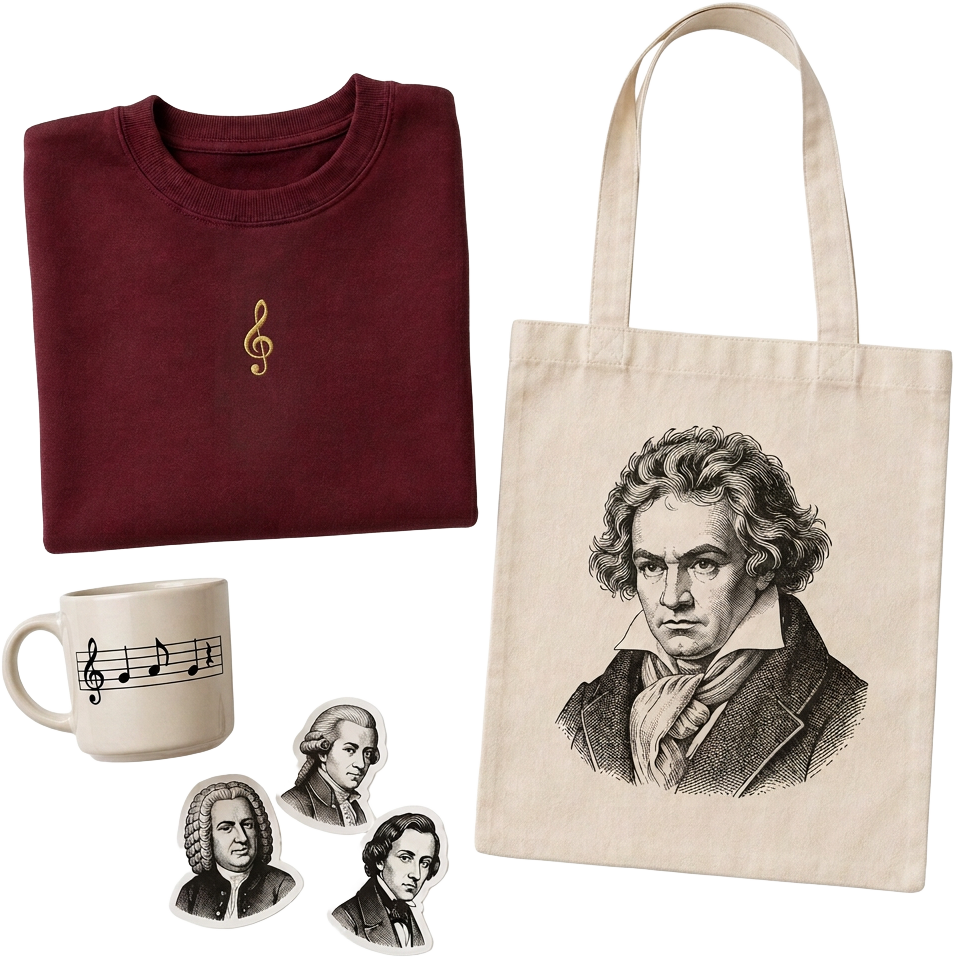 Oxblood crewneck, canvas tote and stoneware mug arranged casually